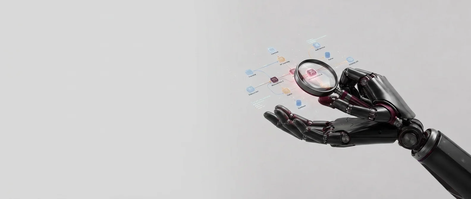 Robotic arm inspecting a holographic system architecture map with a magnifier — the Stack Audit